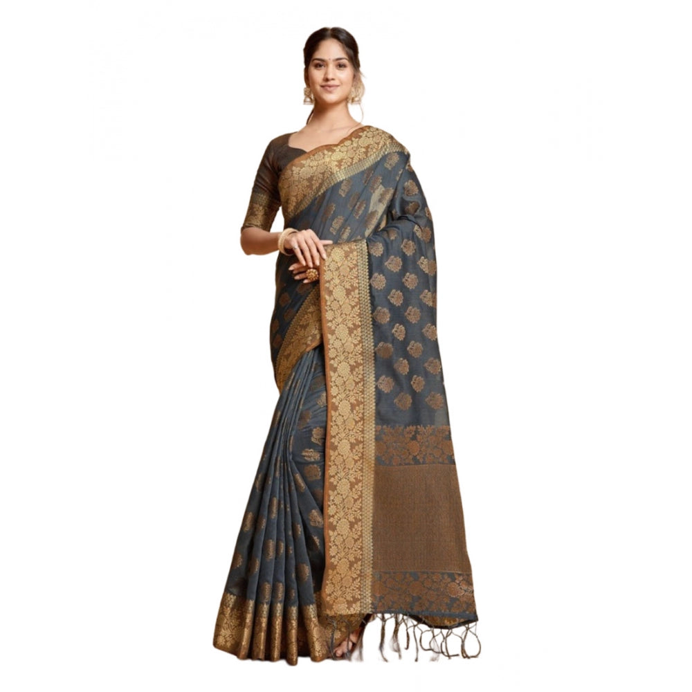 Generic Women's Chanderi Cotton Printed Saree With Unstitched Blouse (Grey, 5-6 Mtrs) - Noble Nook