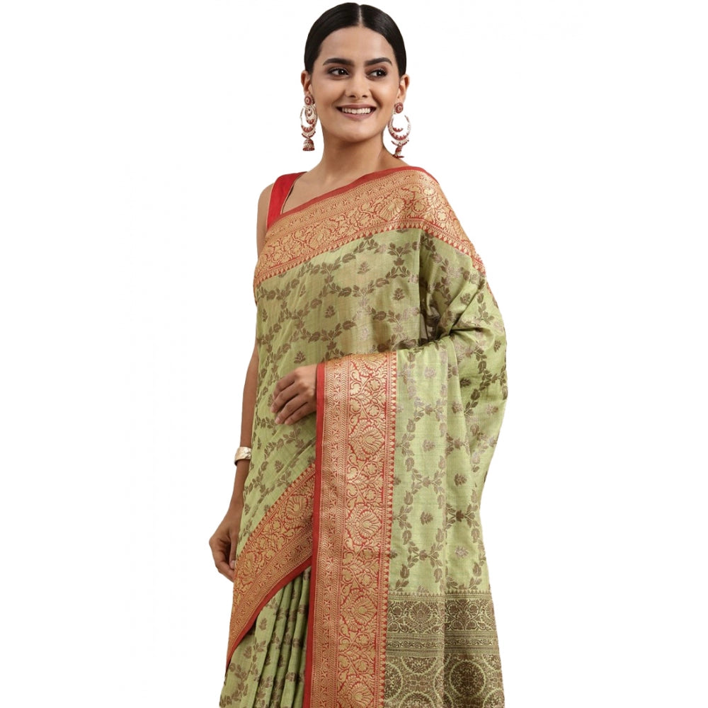 Generic Women's Chanderi Cotton Printed Saree With Unstitched Blouse (Pista, 5-6 Mtrs) - Noble Nook