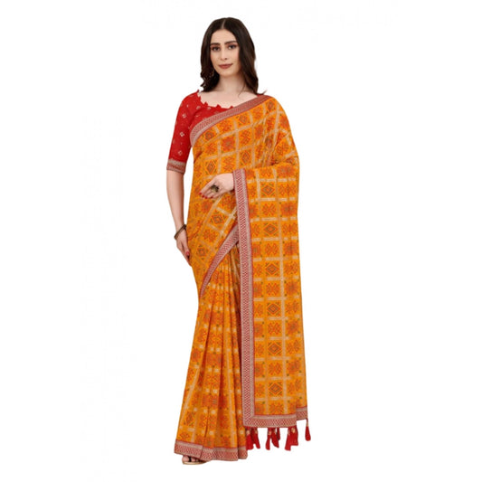 Generic Women's Soft Silk Printed Saree With Unstitched Blouse (Mustard, 5-6 Mtrs) - Noble Nook