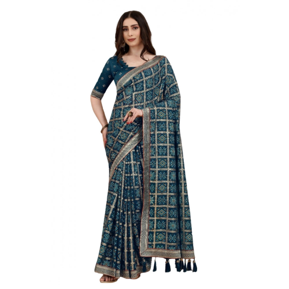 Generic Women's Soft Silk Printed Saree With Unstitched Blouse (Teal, 5-6 Mtrs) - Noble Nook