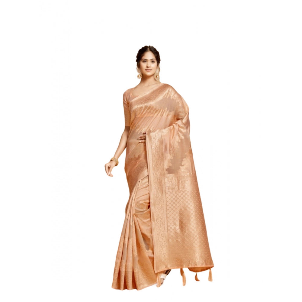 Generic Women's Linen Printed Saree With Unstitched Blouse (Peach, 5-6 Mtrs) - Noble Nook