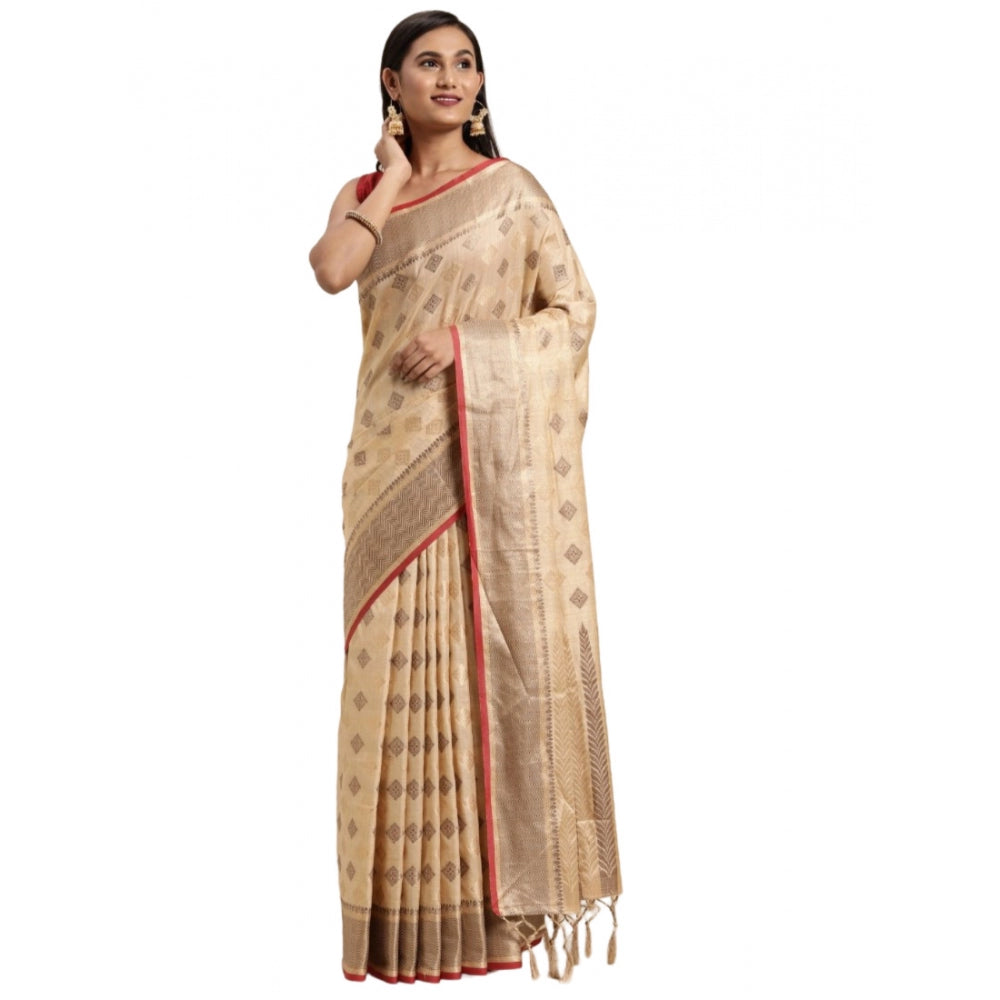 Generic Women's Chanderi Cotton Printed Saree With Unstitched Blouse (Beige, 5-6 Mtrs) - Noble Nook