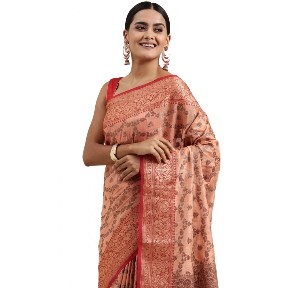 Generic Women's Chanderi Cotton Printed Saree With Unstitched Blouse (Peach, 5-6 Mtrs) - Noble Nook