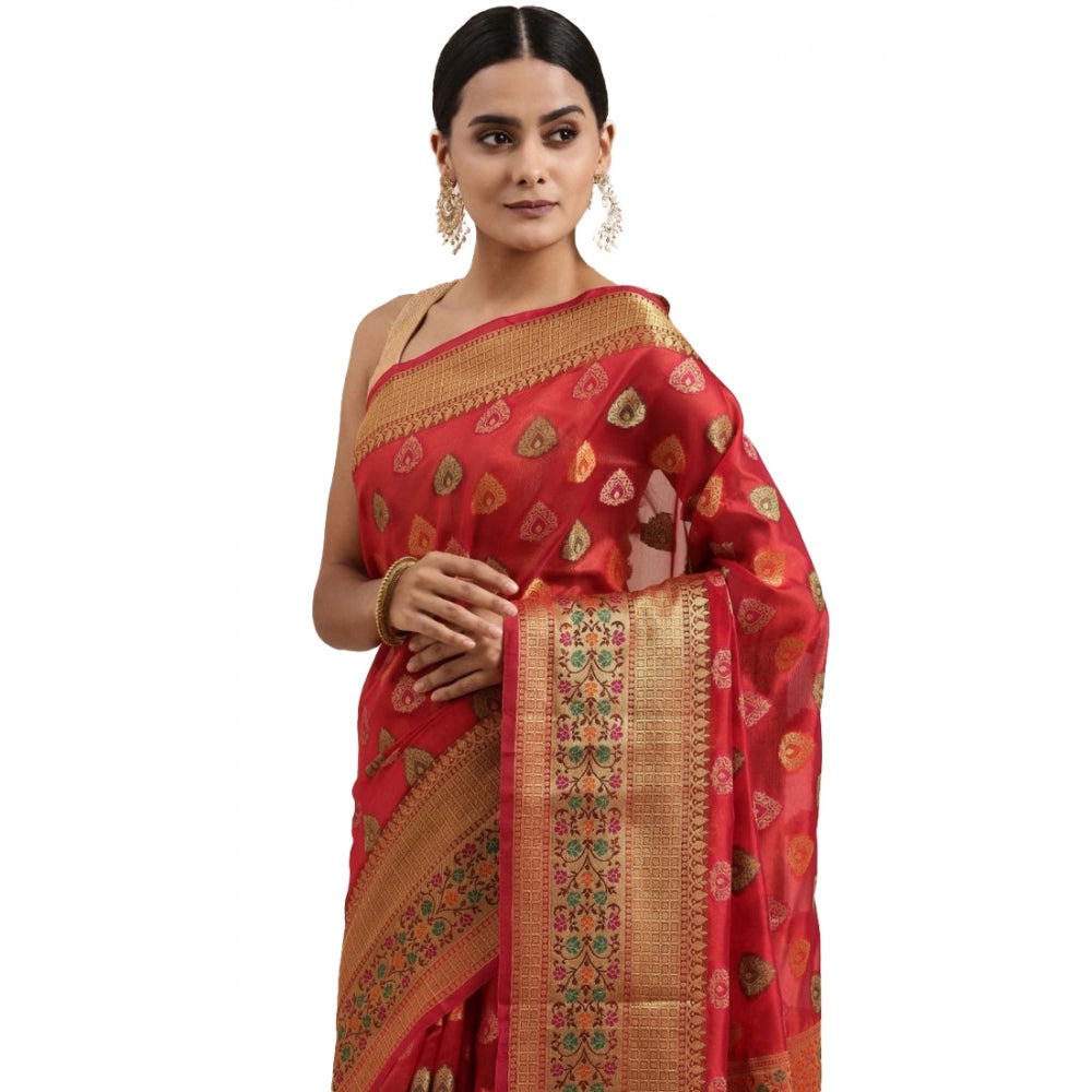 Generic Women's Organza Printed Saree With Unstitched Blouse (Red, 5-6 Mtrs) - Noble Nook