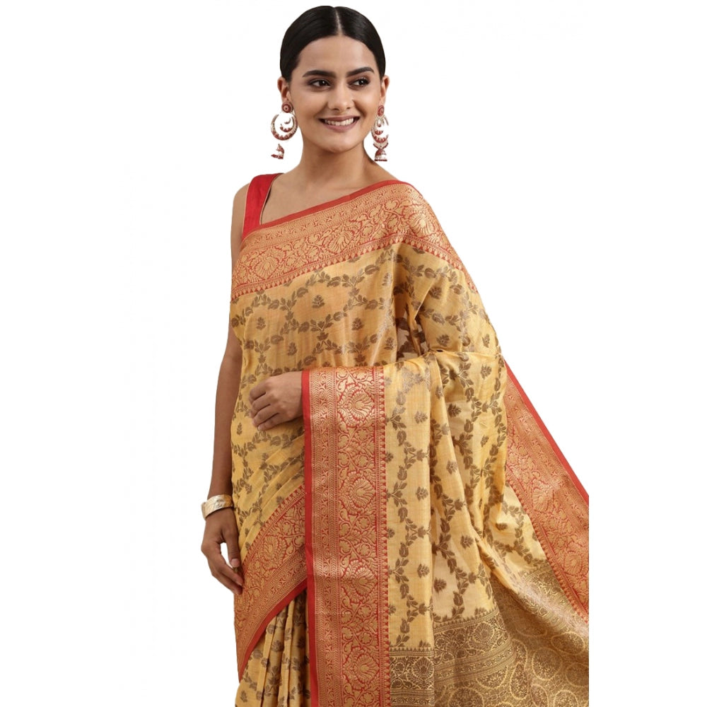 Generic Women's Chanderi Cotton Printed Saree With Unstitched Blouse (Yellow, 5-6 Mtrs) - Noble Nook