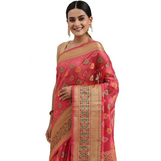 Generic Women's Organza Printed Saree With Unstitched Blouse (Pink, 5-6 Mtrs) - Noble Nook