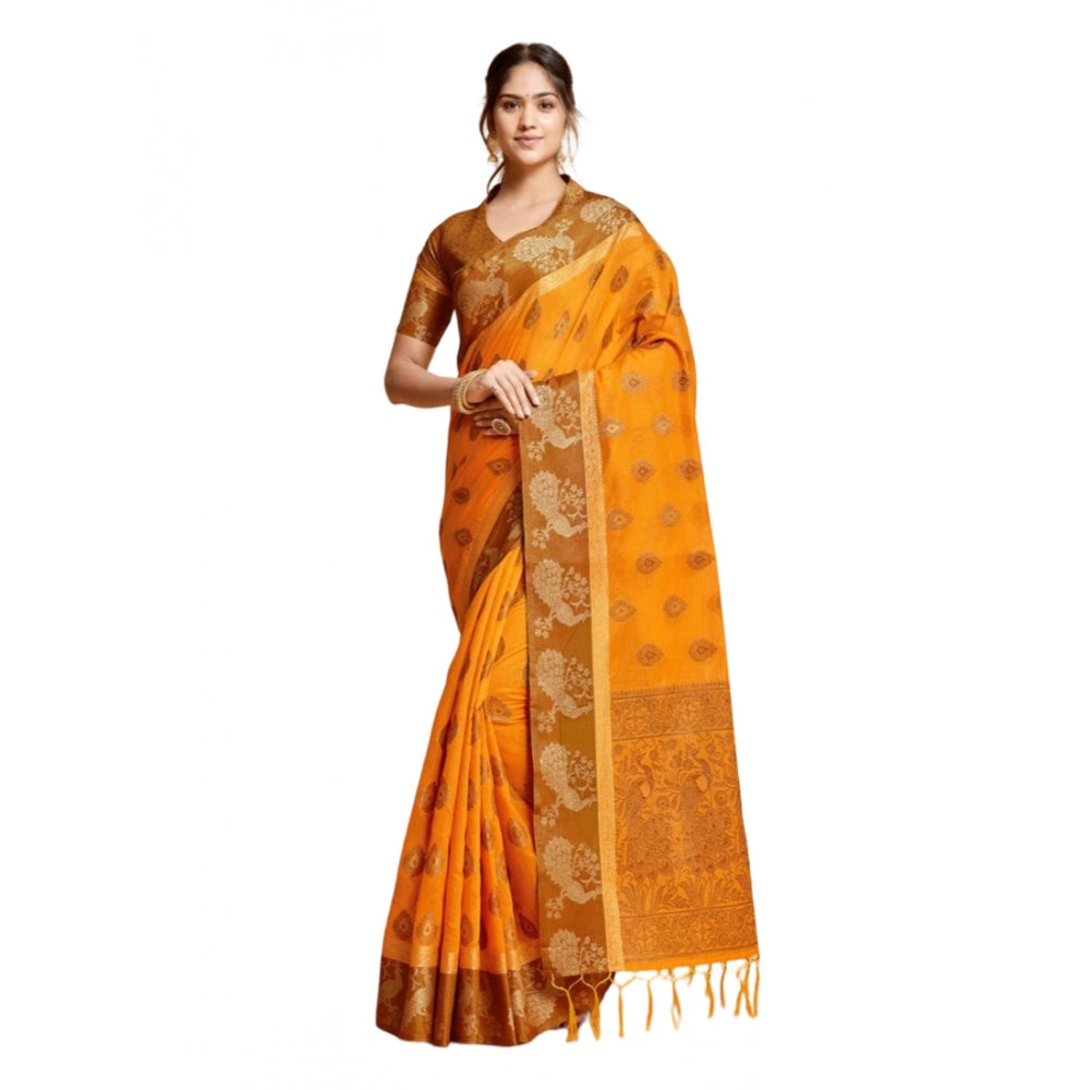 Generic Women's Organza Printed Saree With Unstitched Blouse (Mustard, 5-6 Mtrs) - Noble Nook