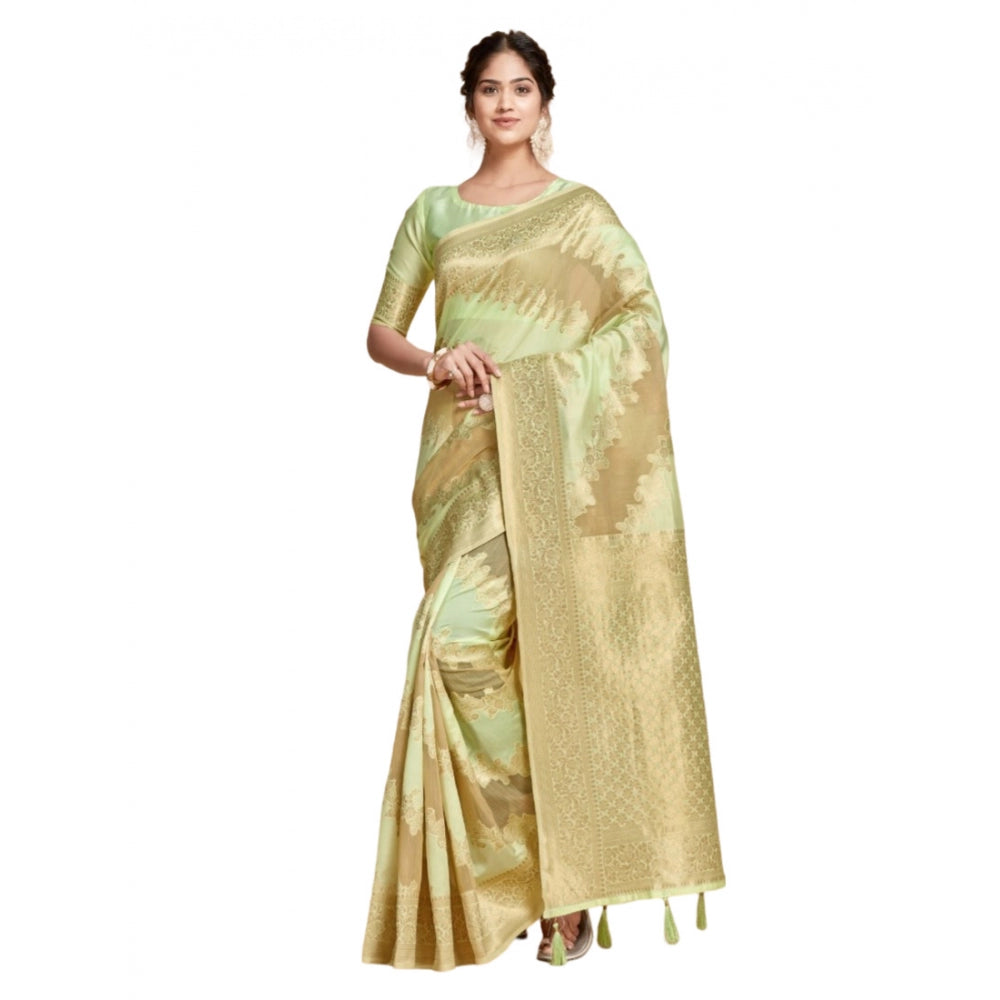 Generic Women's Linen Printed Saree With Unstitched Blouse (Pista, 5-6 Mtrs) - Noble Nook