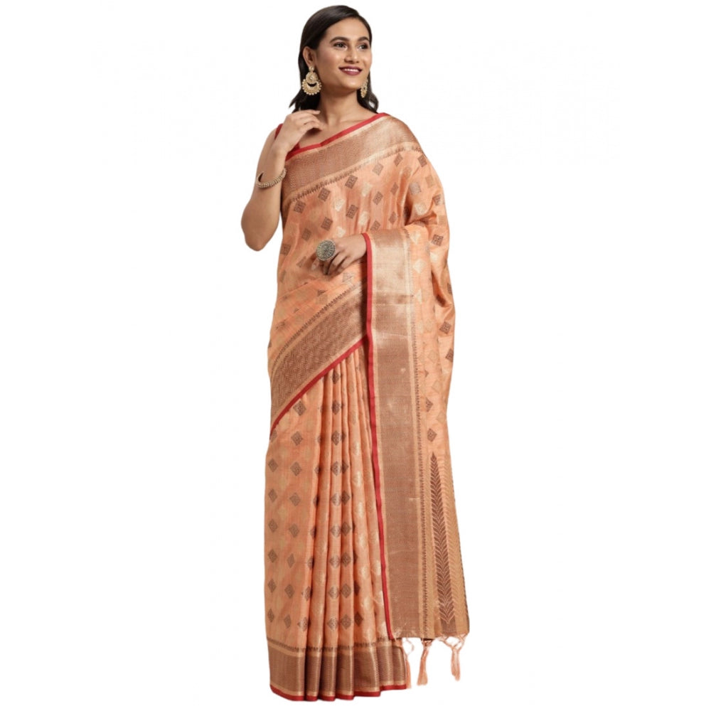 Generic Women's Chanderi Cotton Printed Saree With Unstitched Blouse (Orange, 5-6 Mtrs) - Noble Nook