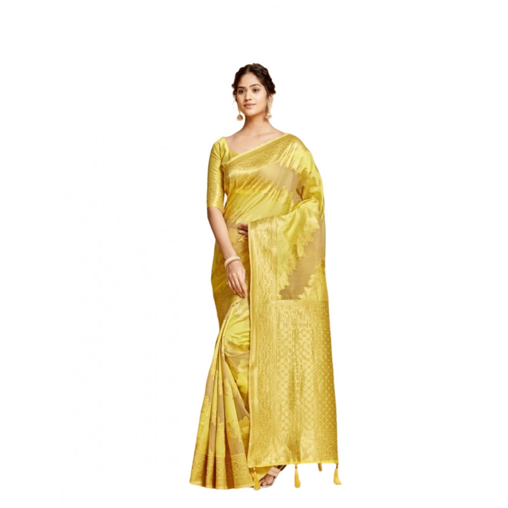 Generic Women's Linen Printed Saree With Unstitched Blouse (Yellow, 5-6 Mtrs) - Noble Nook