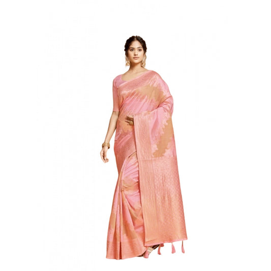 Generic Women's Linen Printed Saree With Unstitched Blouse (Pink, 5-6 Mtrs) - Noble Nook