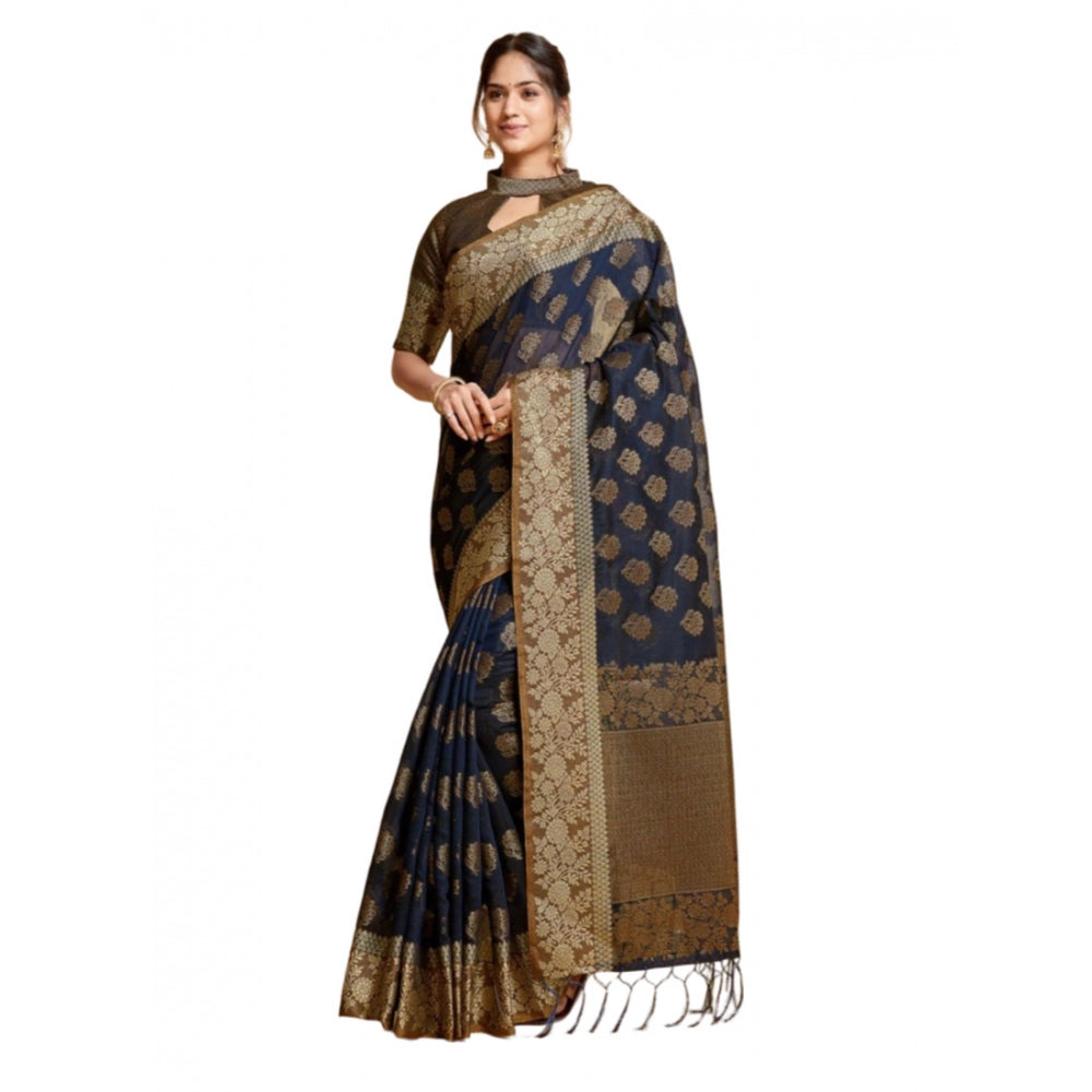 Generic Women's Chanderi Cotton Printed Saree With Unstitched Blouse (Navy, 5-6 Mtrs) - Noble Nook