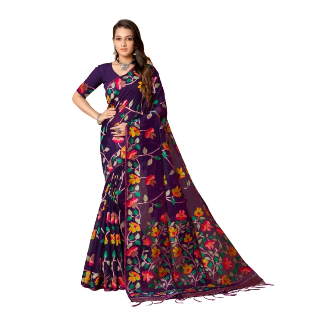 Generic Women's Cotton Printed Saree With Unstitched Blouse (Wine, 5-6 Mtrs) - Noble Nook