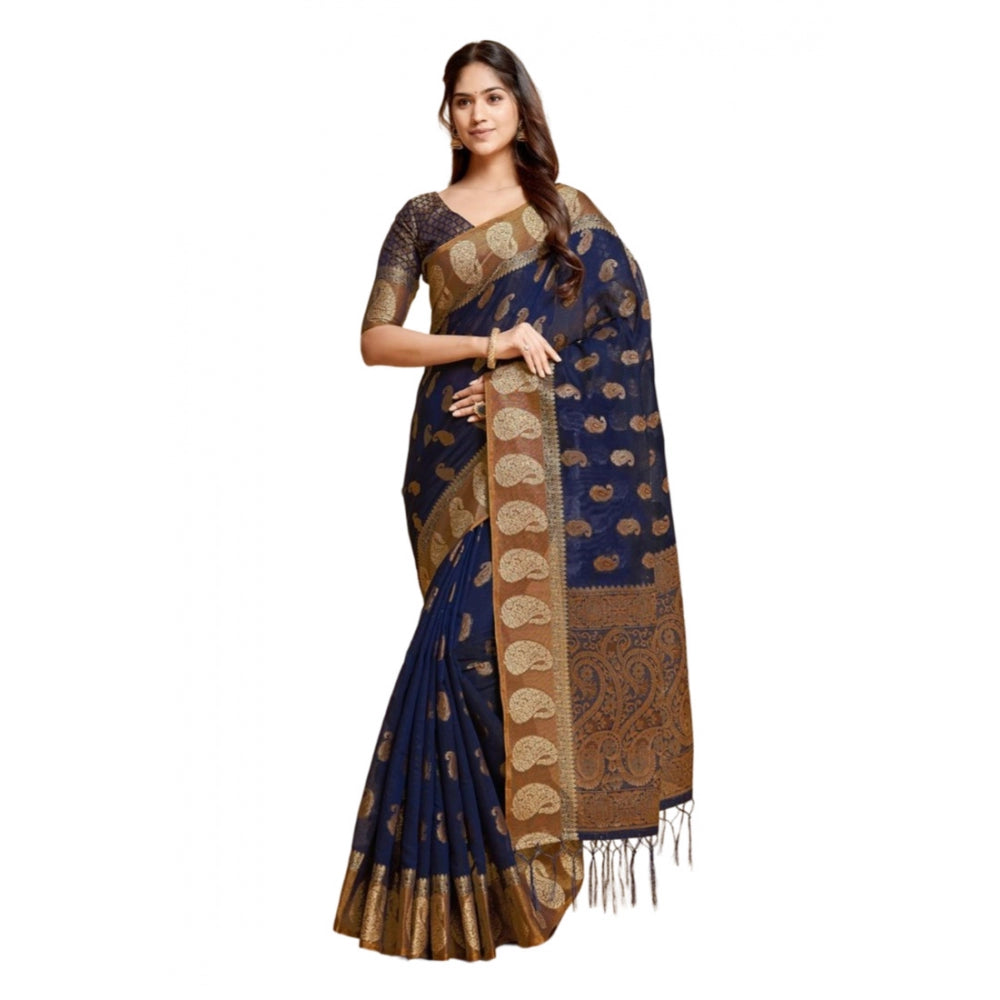 Generic Women's Chanderi Cotton Printed Saree With Unstitched Blouse (Navy Blue, 5-6 Mtrs) - Noble Nook