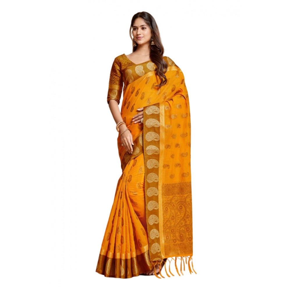 Generic Women's Chanderi Cotton Printed Saree With Unstitched Blouse (Mustard, 5-6 Mtrs) - Noble Nook