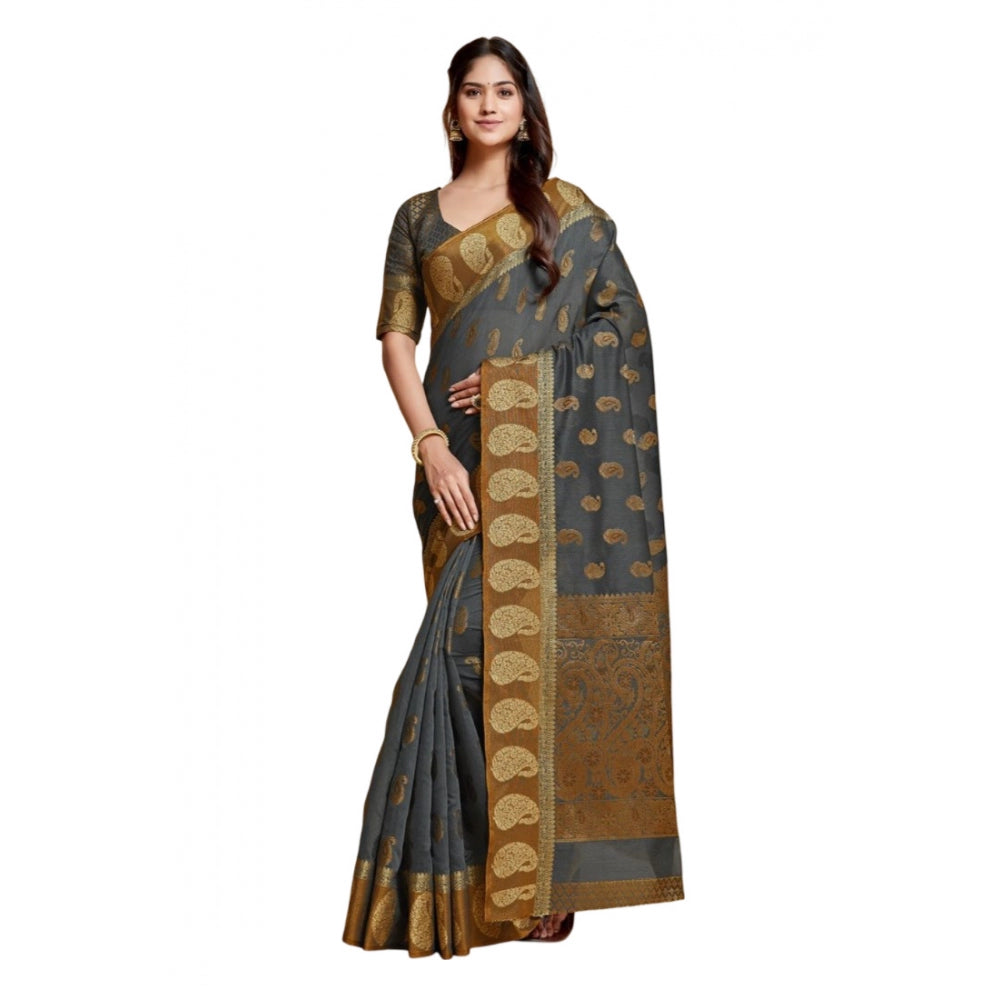 Generic Women's Chanderi Cotton Printed Saree With Unstitched Blouse (Grey, 5-6 Mtrs) - Noble Nook