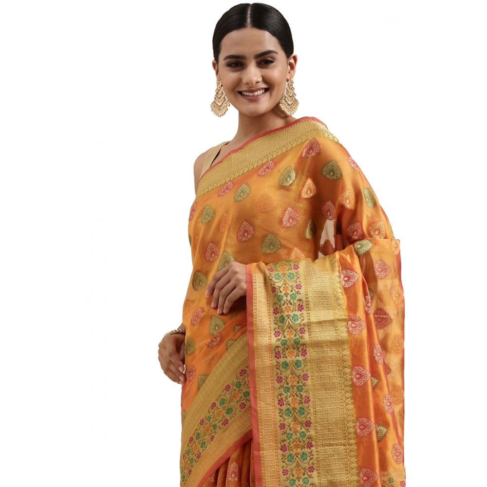 Generic Women's Organza Printed Saree With Unstitched Blouse (Mustard, 5-6 Mtrs) - Noble Nook