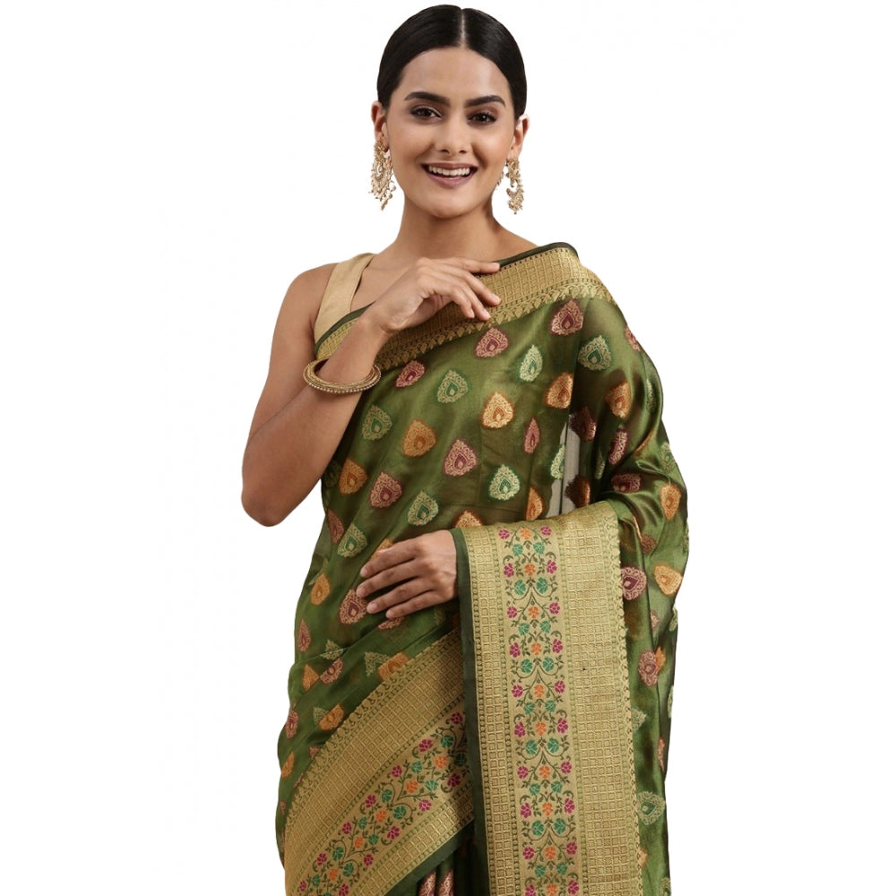 Generic Women's Organza Printed Saree With Unstitched Blouse (Mahendi, 5-6 Mtrs) - Noble Nook