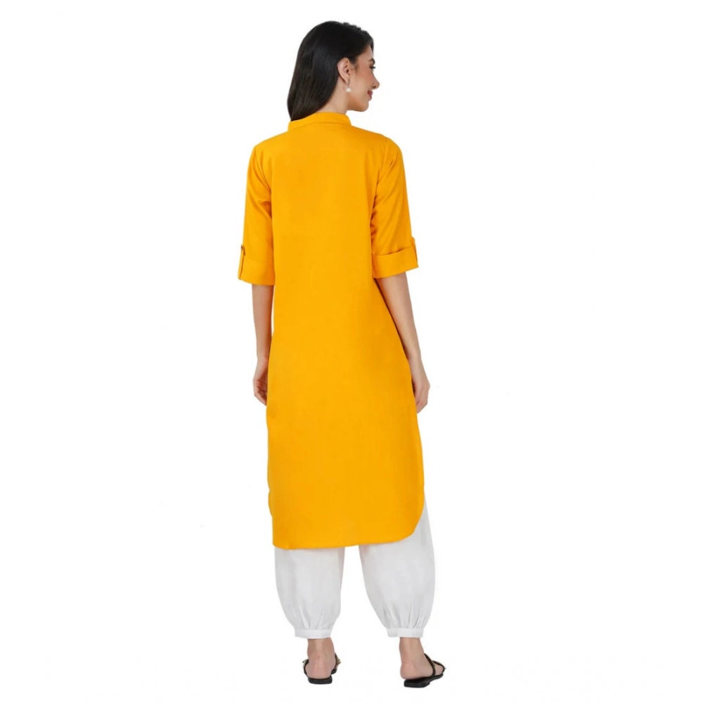 Generic Women's Casual Cotton Solid 3-4 Sleeve Kurti (Yellow) - Noble Nook