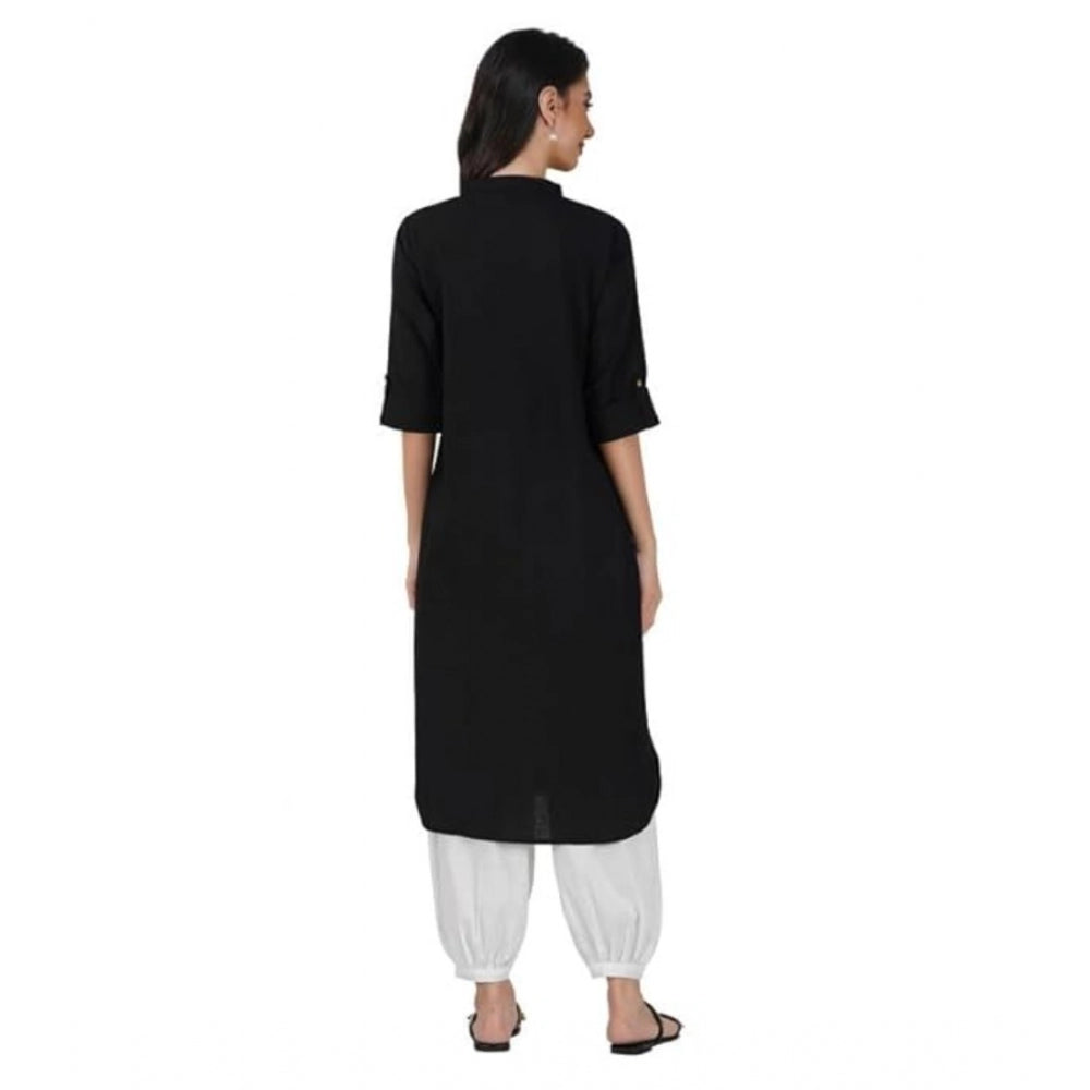 Generic Women's Casual Cotton Solid 3-4 Sleeve Kurti (Black) - Noble Nook