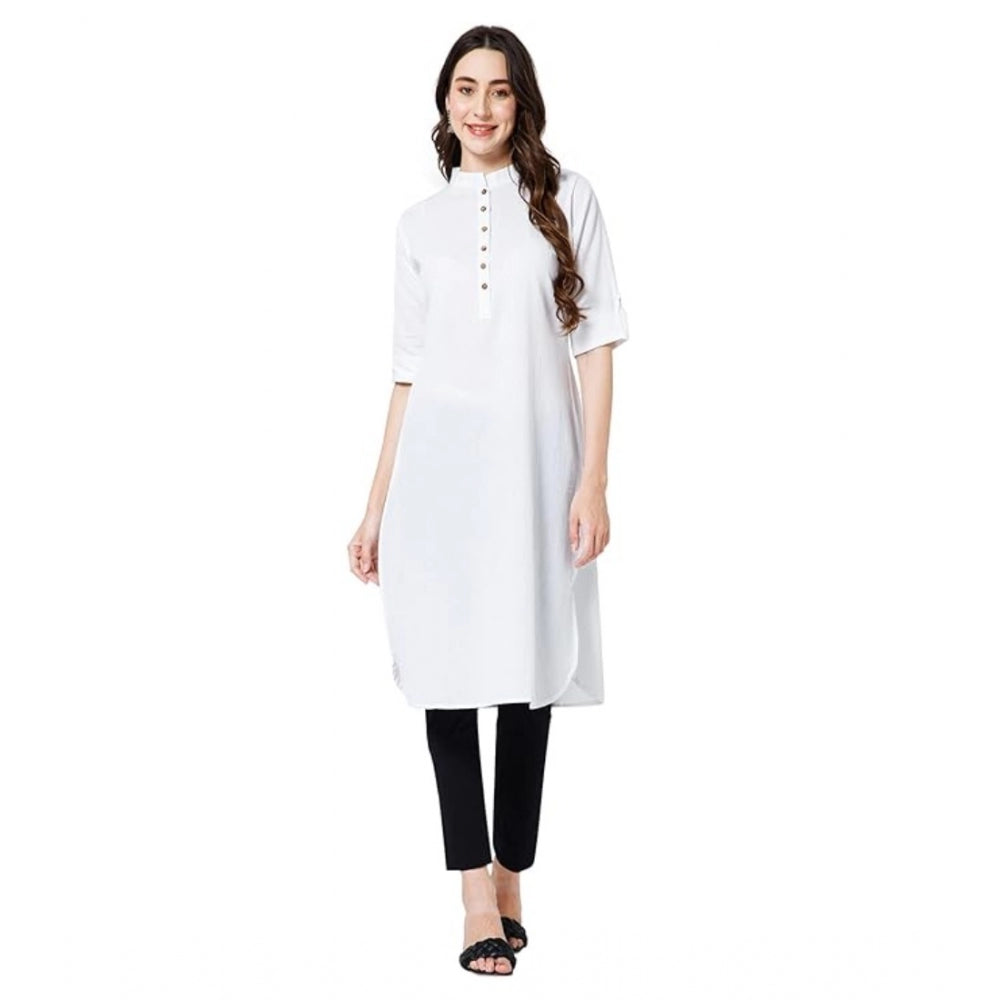 Generic Women's Casual Cotton Solid 3-4 Sleeve Kurti (White) - Noble Nook