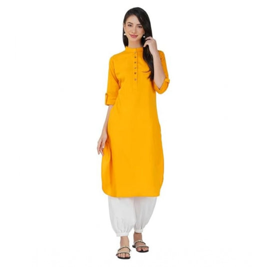 Generic Women's Casual Cotton Solid 3-4 Sleeve Kurti (Yellow) - Noble Nook