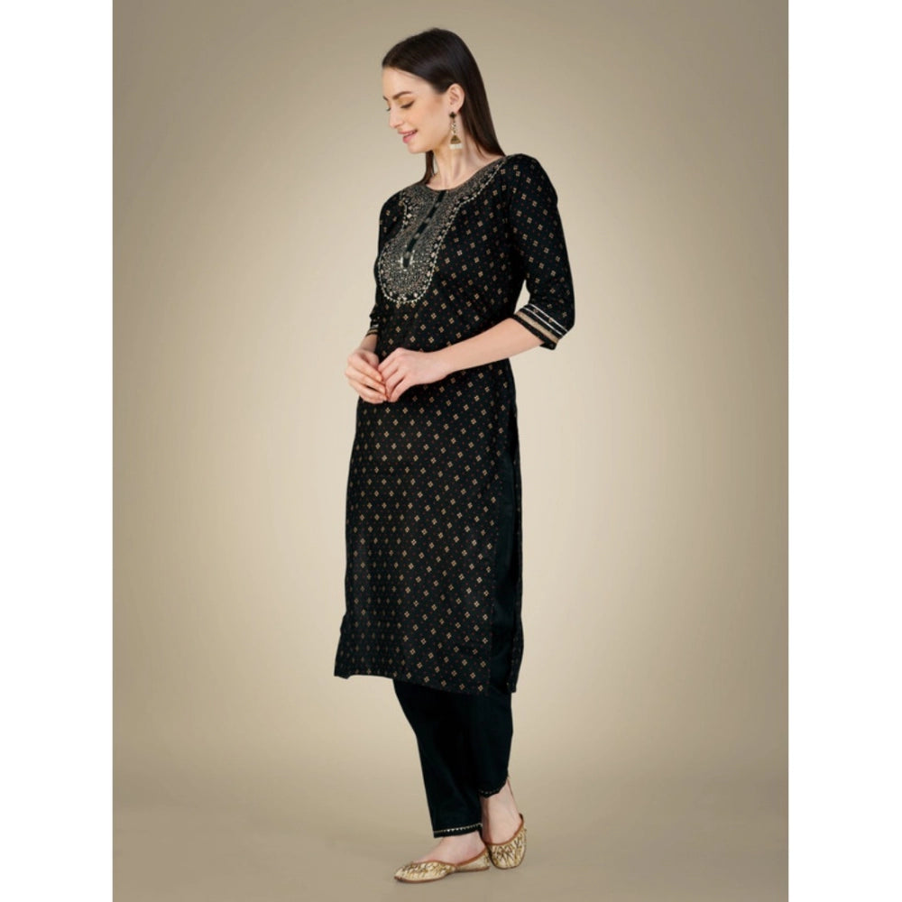 Generic Women's Casual 3-4 th Sleeve Embroidery Cotton Kurti Pant Dupatta Set (Black) - Noble Nook