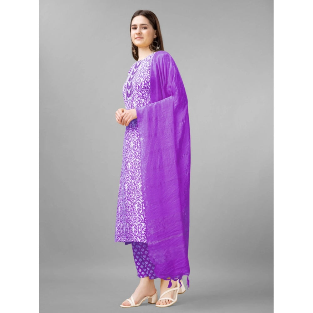 Generic Women's Casual 3-4 th Sleeve Embroidery Rayon Kurti Pant Dupatta Set (Purple) - Noble Nook