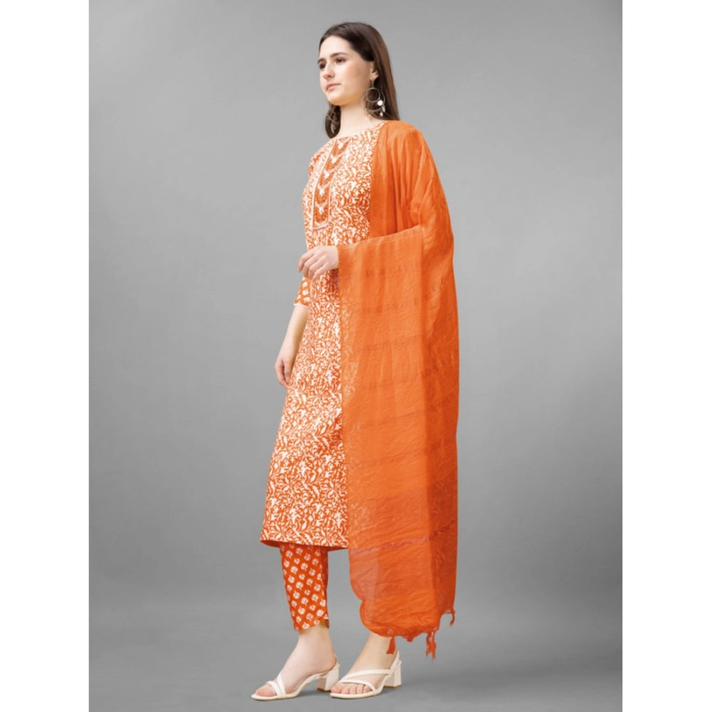 Generic Women's Casual 3-4 th Sleeve Embroidery Rayon Kurti Pant Dupatta Set (Orange) - Noble Nook