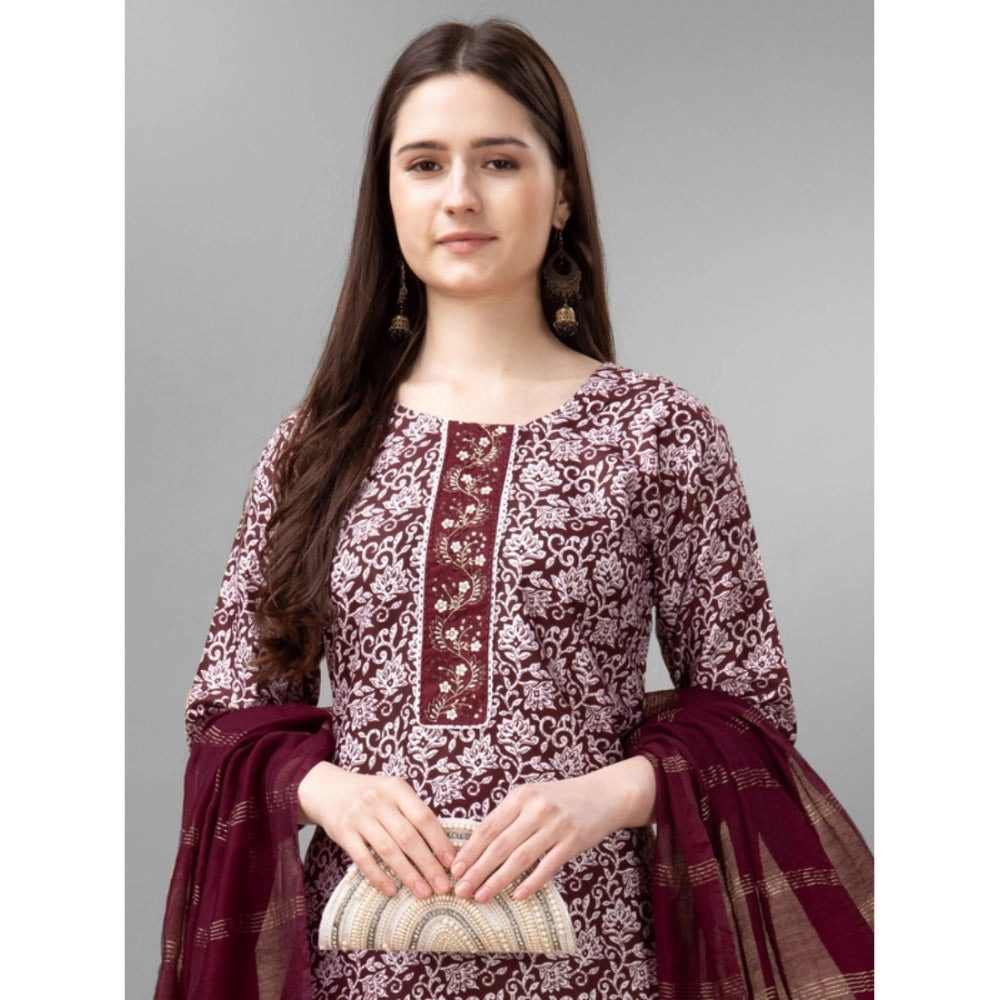 Generic Women's Casual 3-4 th Sleeve Embroidery Rayon Kurti Pant Dupatta Set (Maroon) - Noble Nook