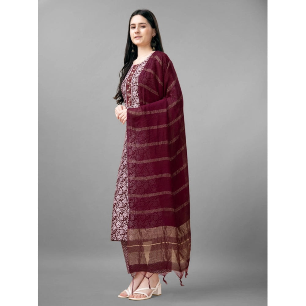 Generic Women's Casual 3-4 th Sleeve Embroidery Rayon Kurti Pant Dupatta Set (Maroon) - Noble Nook