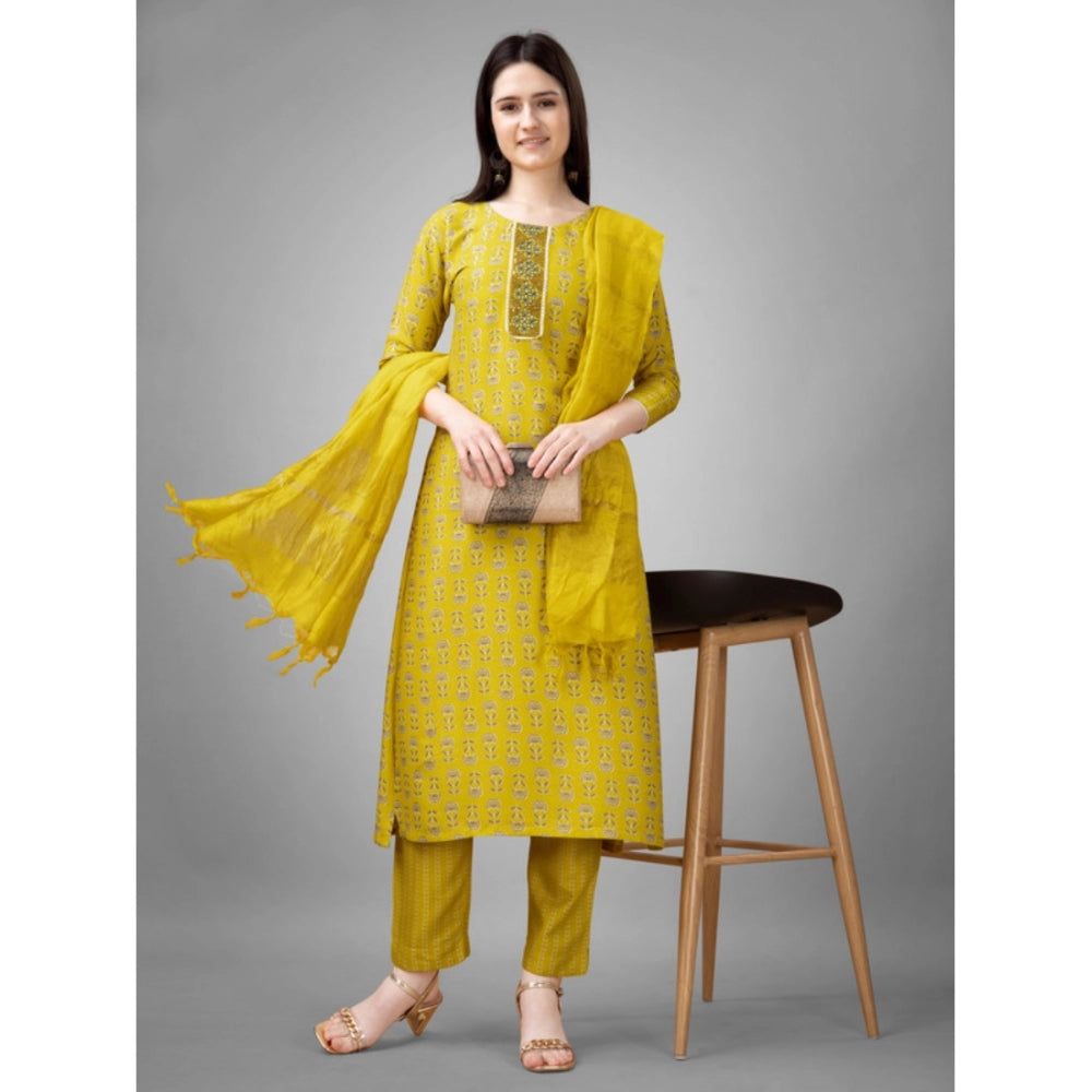 Generic Women's Casual 3-4 th Sleeve Embroidery Rayon Kurti Pant Dupatta Set (Yellow) - Noble Nook