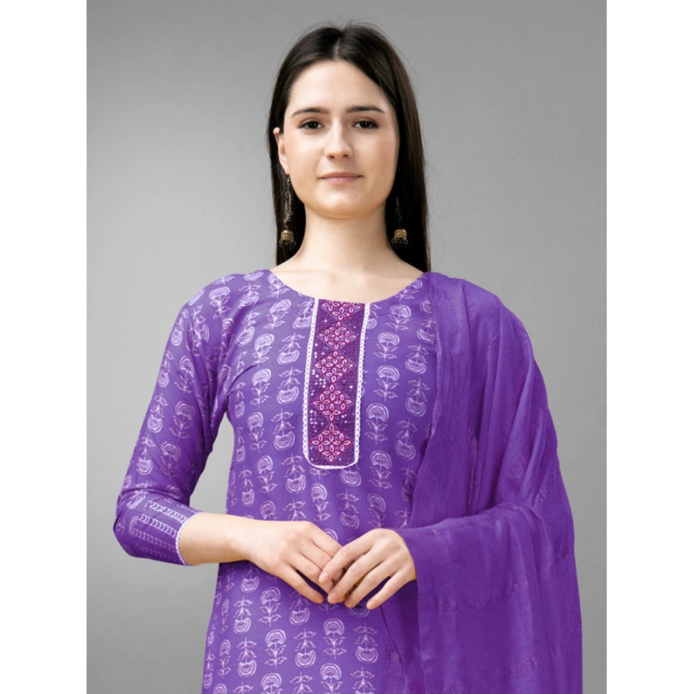 Generic Women's Casual 3-4 th Sleeve Embroidery Rayon Kurti Pant Dupatta Set (Purple) - Noble Nook