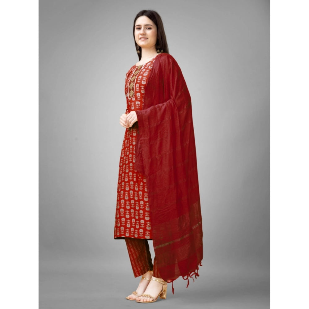 Generic Women's Casual 3-4 th Sleeve Embroidery Rayon Kurti Pant Dupatta Set (Maroon) - Noble Nook