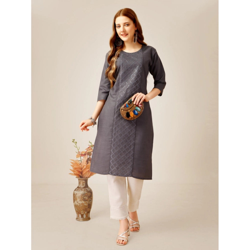 Generic Women's Casual 3-4 th Sleeve Embroidery Cotton Kurti Pant Set (Grey) - Noble Nook