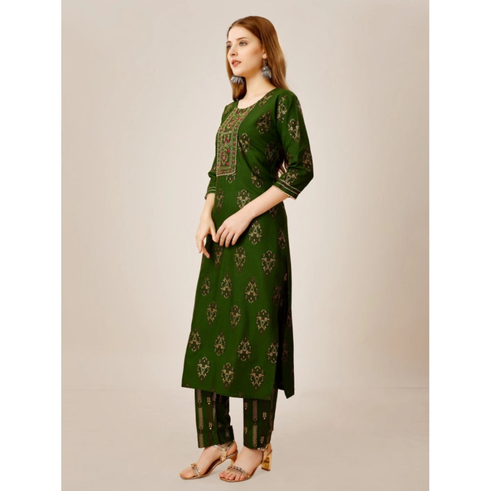 Generic Women's Casual 3-4 th Sleeve Embroidery Rayon Kurti Pant Set (Green) - Noble Nook