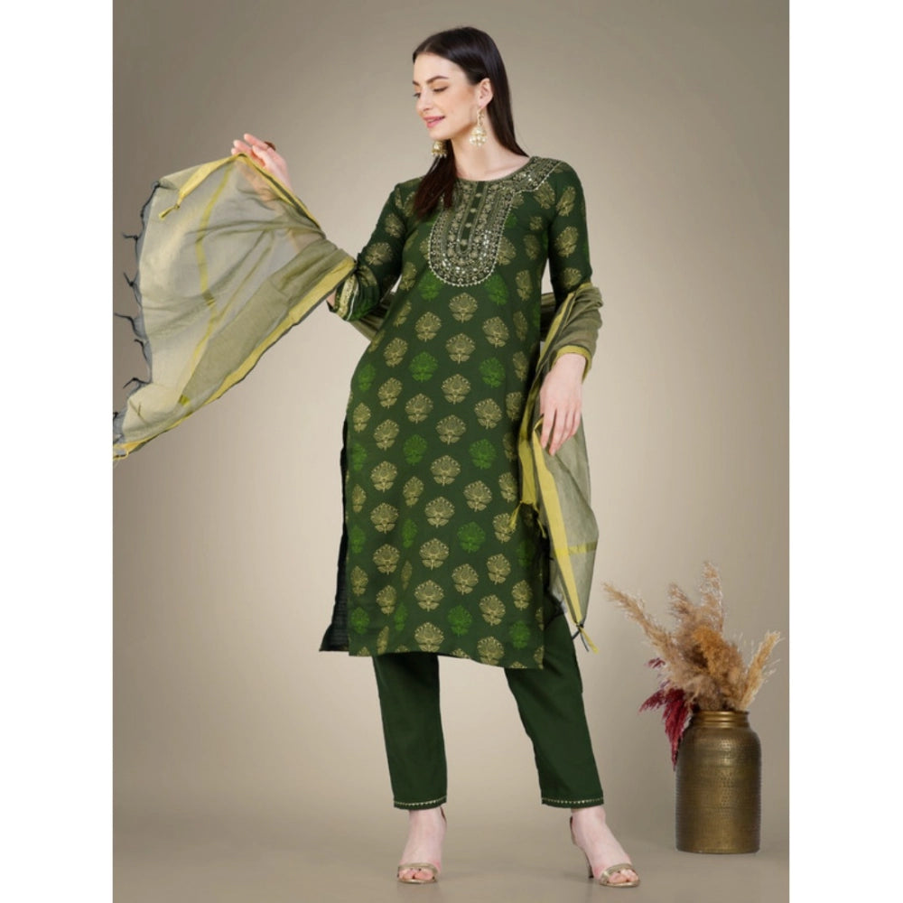 Generic Women's Casual 3-4 th Sleeve Embroidery Cotton Kurti Pant Dupatta Set (Dark Green) - Noble Nook