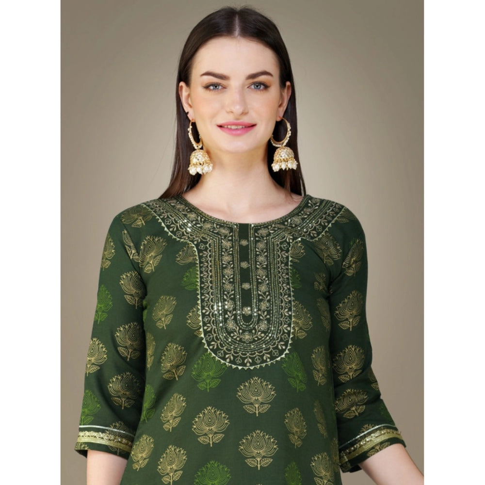 Generic Women's Casual 3-4 th Sleeve Embroidery Cotton Kurti Pant Dupatta Set (Dark Green) - Noble Nook