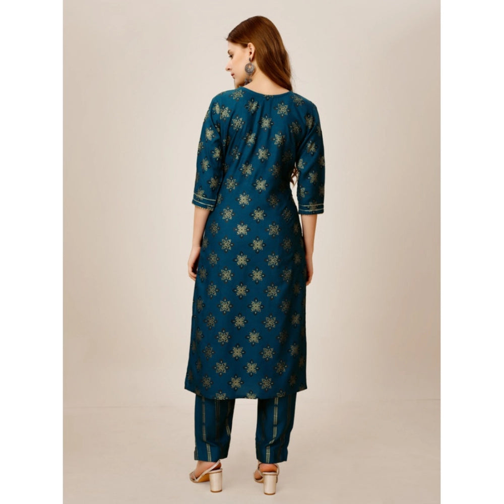 Generic Women's Casual 3-4 th Sleeve Embroidery Rayon Kurti Pant Set (Blue) - Noble Nook