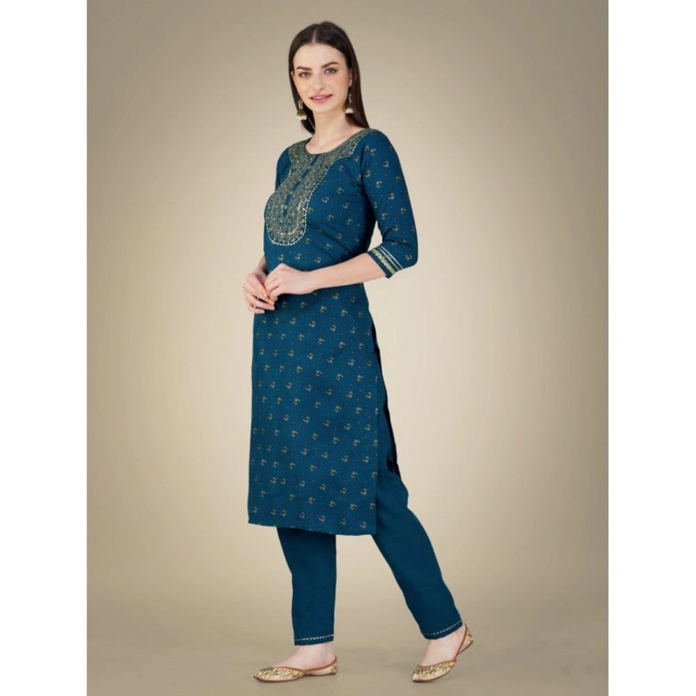 Generic Women's Casual 3-4 th Sleeve Embroidery Cotton Kurti Pant Dupatta Set (Blue ) - Noble Nook