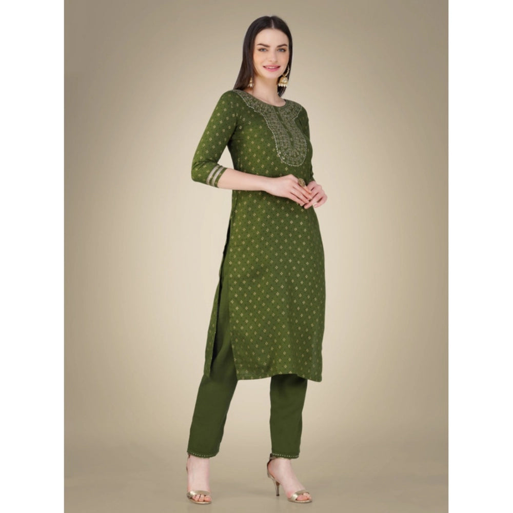 Generic Women's Casual 3-4 th Sleeve Embroidery Cotton Kurti Pant Dupatta Set (Green) - Noble Nook