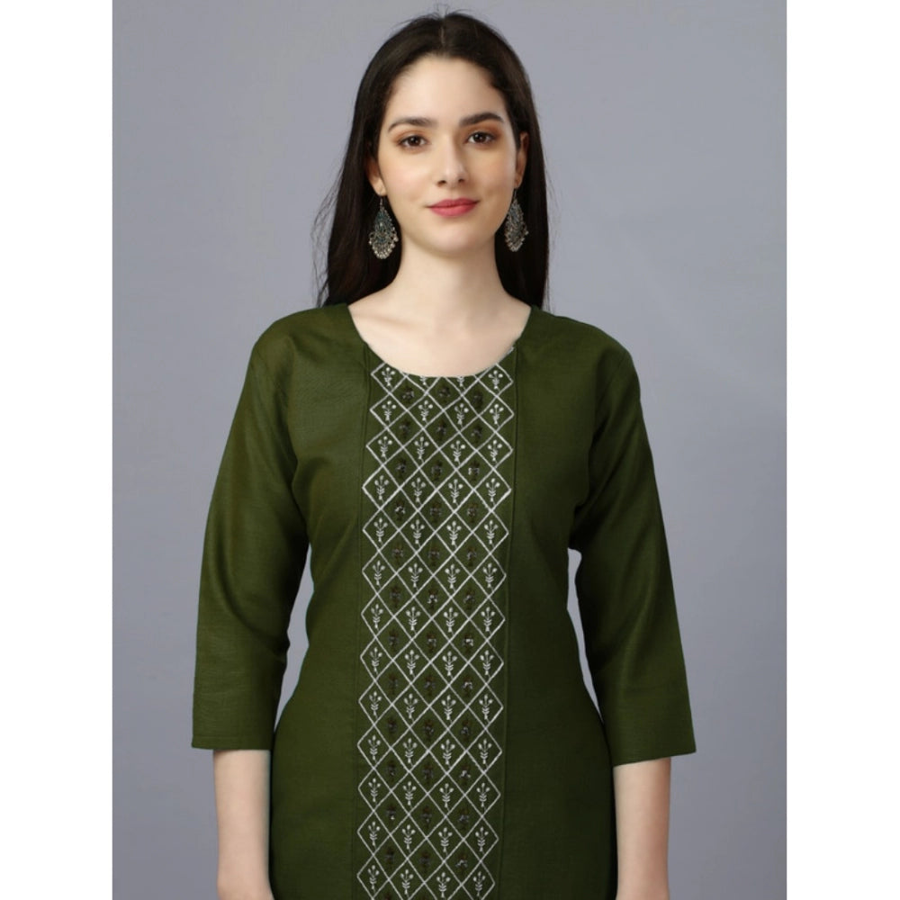 Generic Women's Casual 3-4 th Sleeve Embroidery Cotton Kurti (Dark Green) - Noble Nook