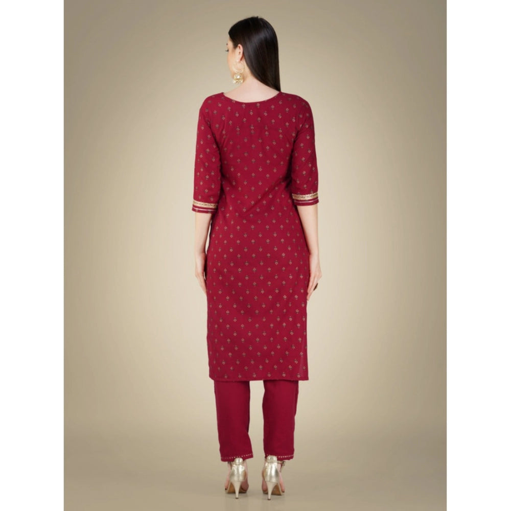 Generic Women's Casual 3-4 th Sleeve Embroidery Cotton Kurti Pant Dupatta Set (Maroon) - Noble Nook