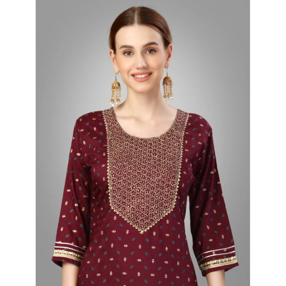 Generic Women's Casual 3-4 th Sleeve Embroidery Silk Blend Kurti Pant Dupatta Set (Maroon) - Noble Nook