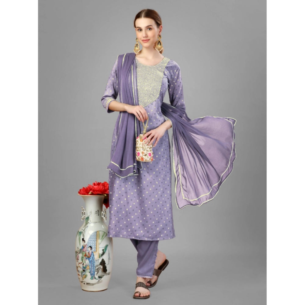 Generic Women's Casual 3-4 th Sleeve Embroidery Silk Blend Kurti Pant Dupatta Set (Lavender) - Noble Nook