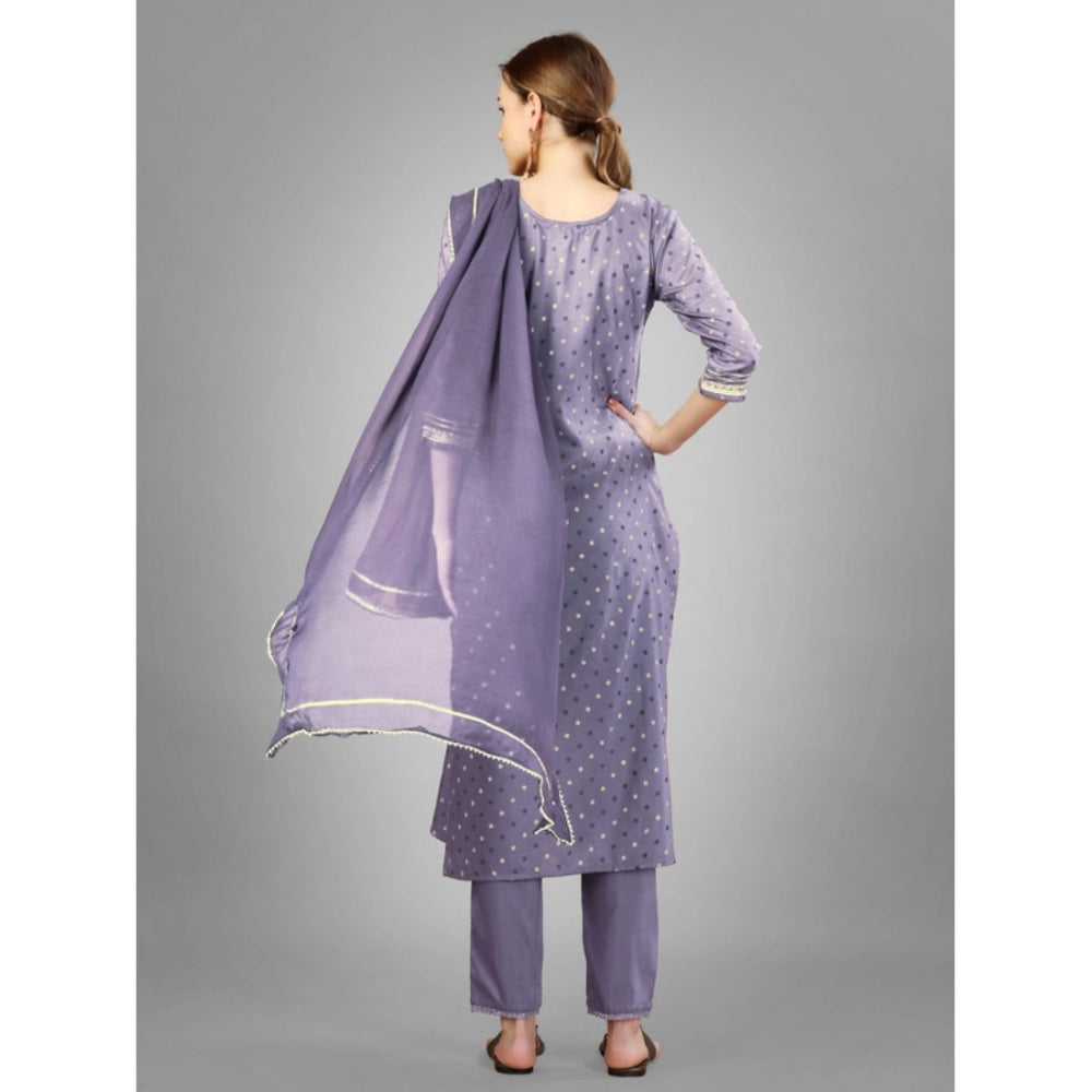 Generic Women's Casual 3-4 th Sleeve Embroidery Silk Blend Kurti Pant Dupatta Set (Lavender) - Noble Nook