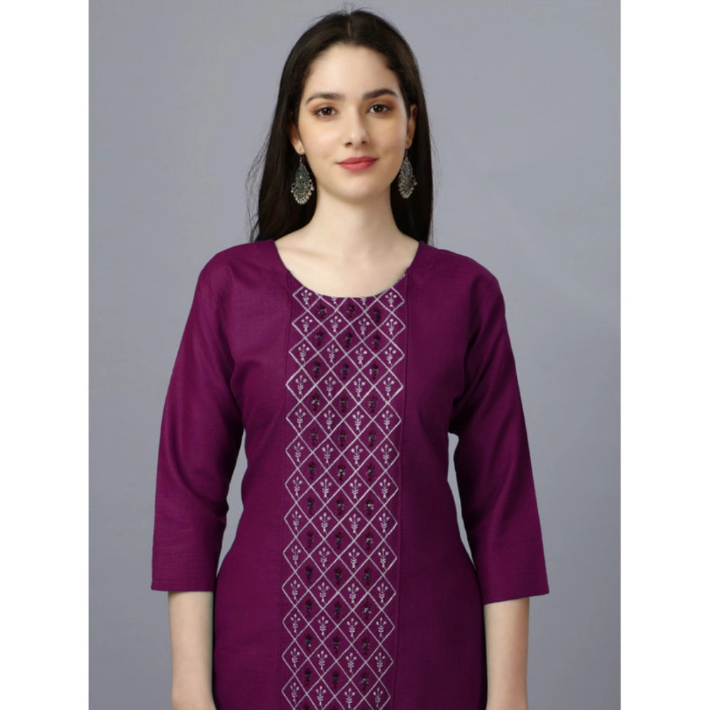 Generic Women's Casual 3-4 th Sleeve Embroidery Cotton Kurti (Purple) - Noble Nook