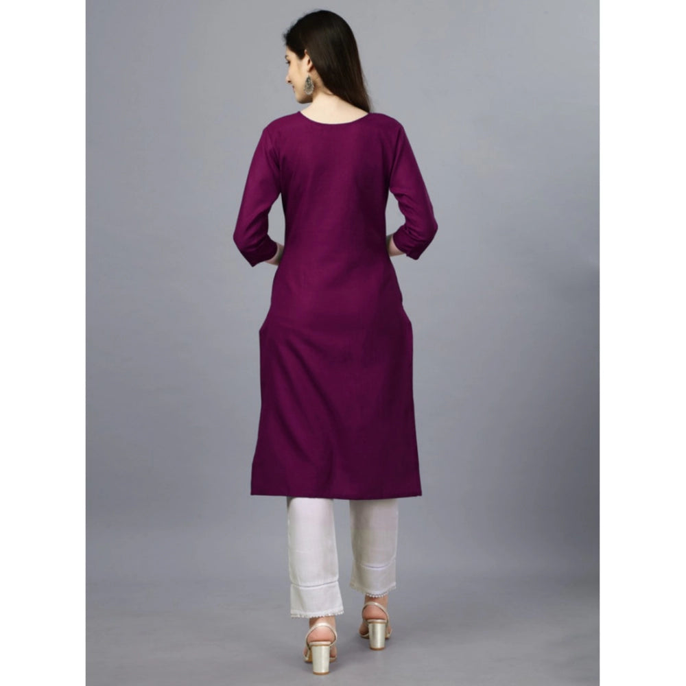 Generic Women's Casual 3-4 th Sleeve Embroidery Cotton Kurti (Purple) - Noble Nook