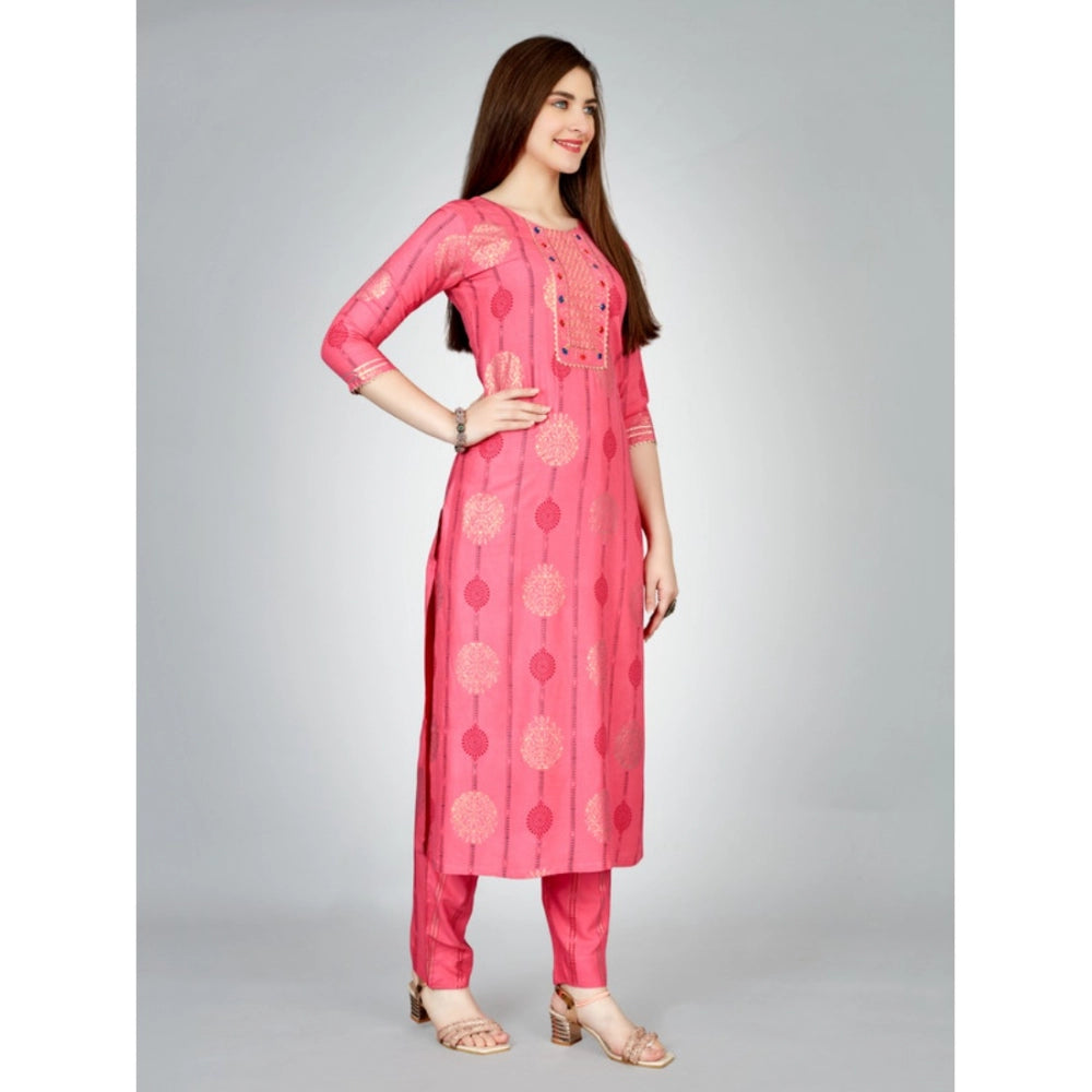 Generic Women's Casual 3-4 th Sleeve Embroidery Rayon Kurti Pant Set (Pink) - Noble Nook