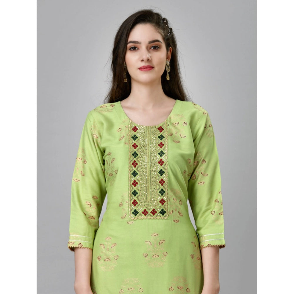 Generic Women's Casual 3-4 th Sleeve Embroidery Rayon Kurti Pant Set (Light Green) - Noble Nook